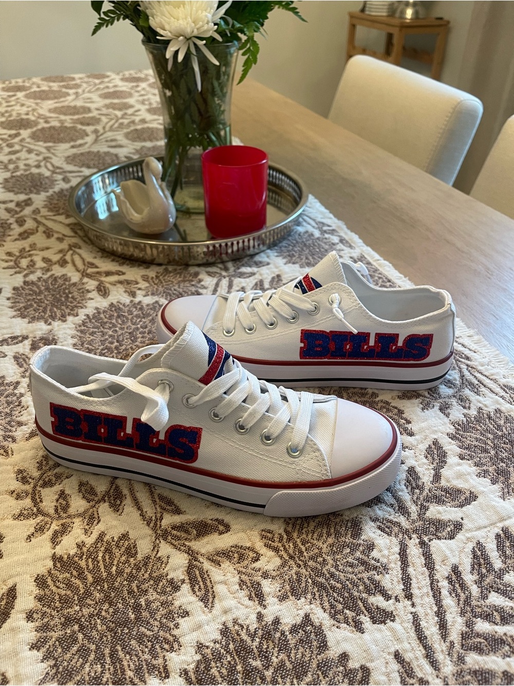Converse Style White Low-Top Sneakers with Red & Blue Buffalo Bills Logo